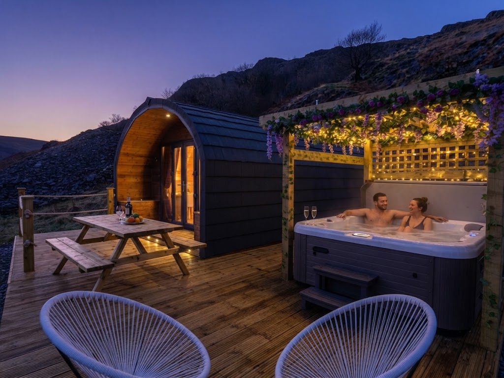 Interior of a luxury glamping cabin with a king bed, wood burner, designer furniture and large window onto fells