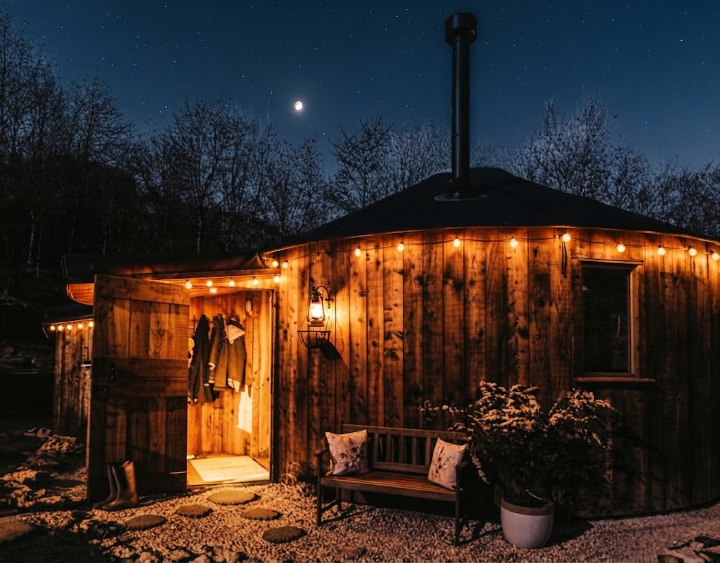 Luxury glamping cabin lit from within at night with stars above and the outline of Cumbrian fells behind