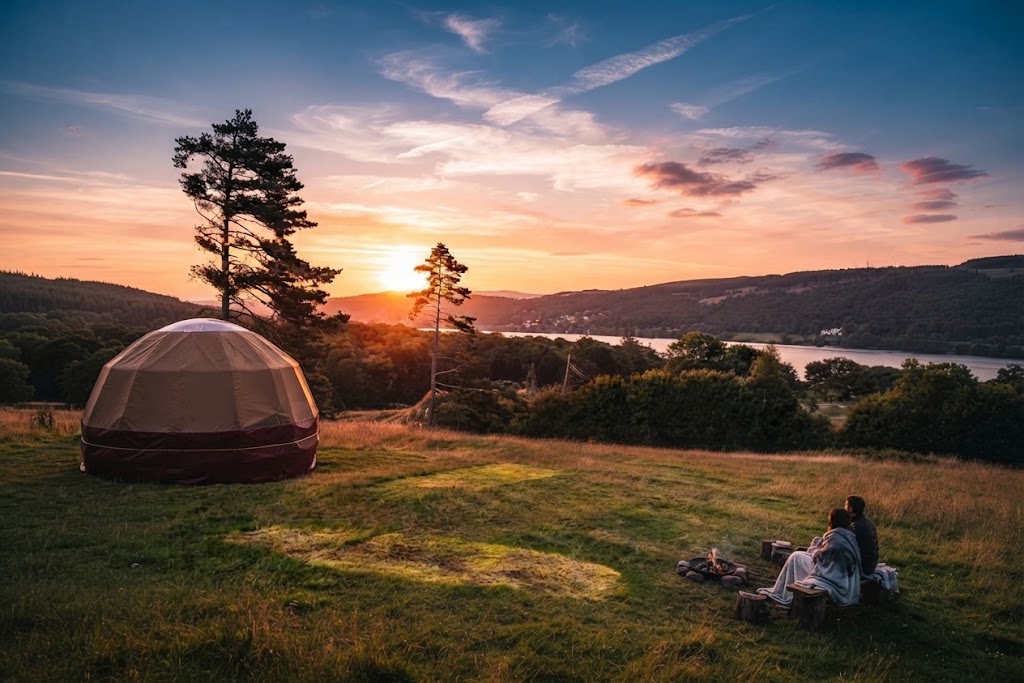 Luxury glamping cabin with full-height glazing and a private hot tub on a secluded Lake District hillside