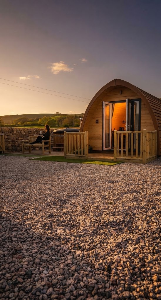 Interior of a luxury glamping unit with a king bed, wood burner, designer furniture and a large window onto fells