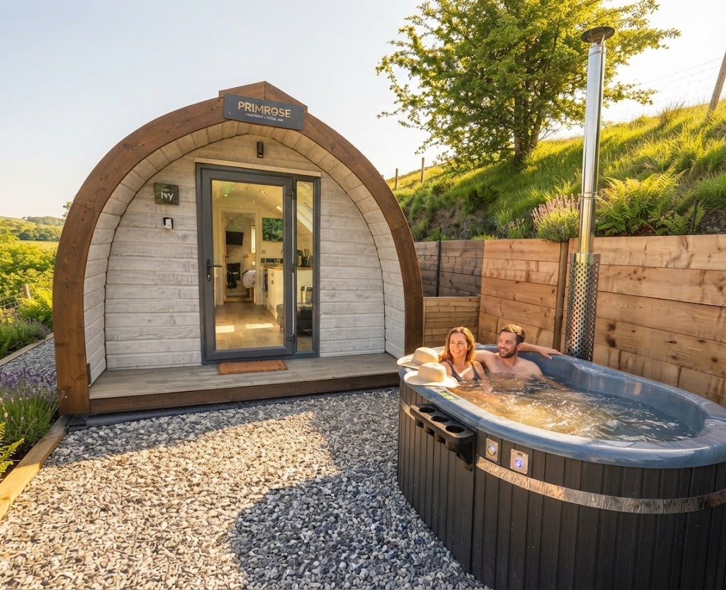 Wood-fired hot tub steaming beside a shepherd's hut at dusk with autumn colour on the surrounding Lake District fells