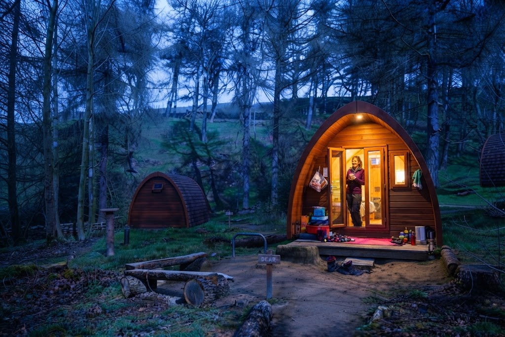 Eco glamping pod with a green roof and large window set into a Lake District hillside above a lake