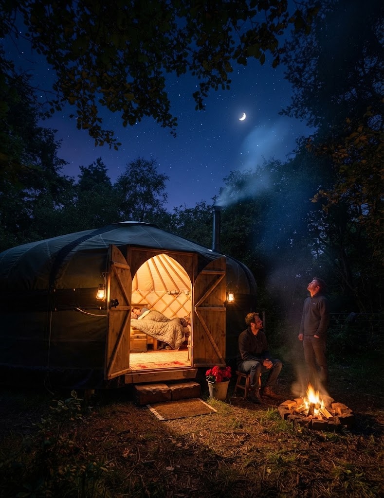 Interior of a shepherd's hut with a lit log burner, double bed under a window and timber-lined curved ceiling