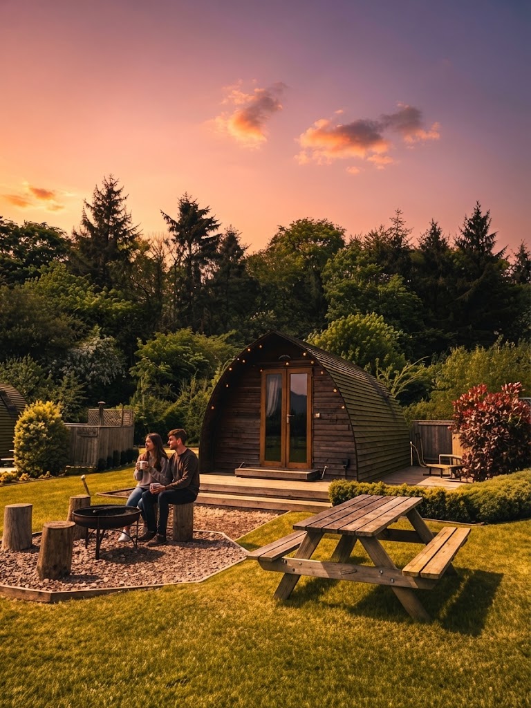 Owner of a small Cumbrian glamping site walking between two pods with firewood under one arm