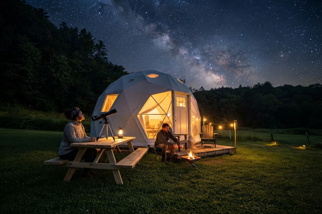 Ensuite glamping pod interior with partitioned shower room, made-up bed and small kitchen counter