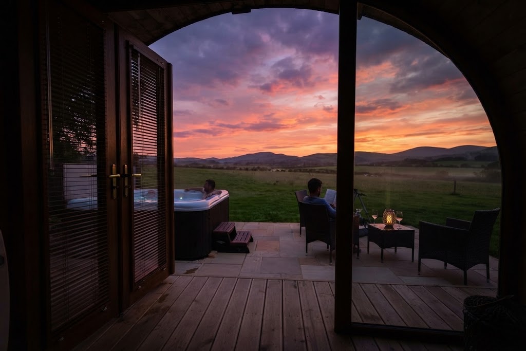 Quiet dead-end Cumbrian valley with a single narrow road, dry stone walls and glamping pods in a field
