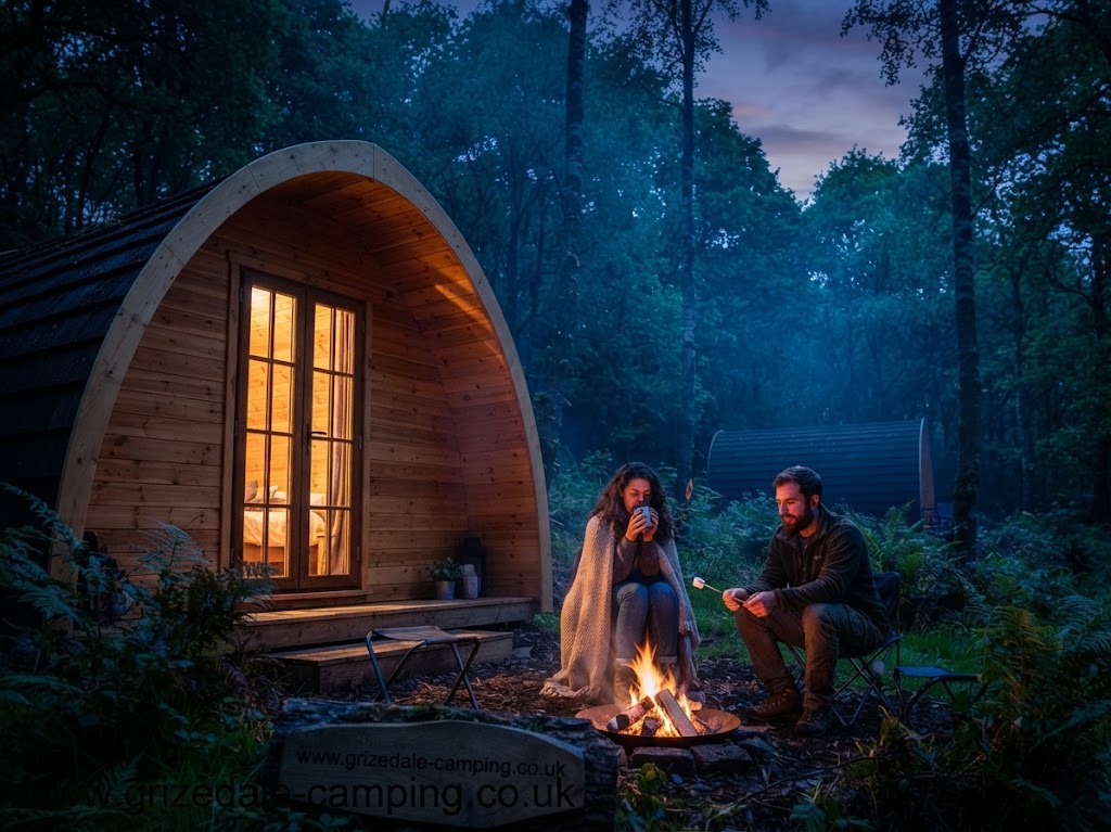 Luxury camping pod with large glazed doors and decking on a landscaped site above Windermere
