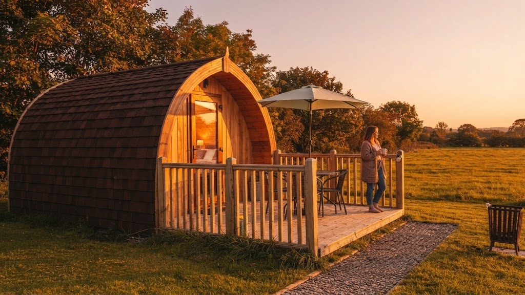 Luxury camping pods arranged on a landscaped Windermere site with hedging between units and parking beside each pod