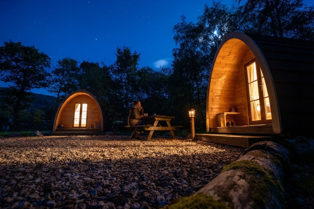 Large canvas yurt with a wooden door in a Cumbrian meadow, bunting strung outside and low fells in the distance