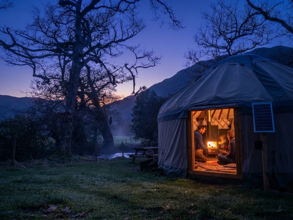 Family cooking outside a yurt at a Lake District site with a fire pit, camping chairs and forest behind