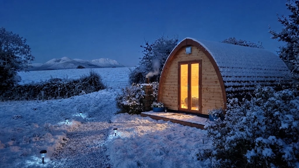 Yurt at dusk with warm light glowing through the canvas and the silhouette of Lake District fells behind